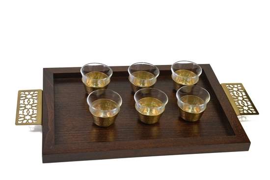 Wood tray with engraved handles