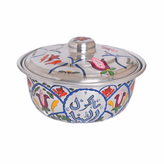 Circular cooking pot with drawings